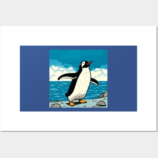 Happy Penguin jumping out of the ocean and shaking water from its feathers Wall Art by Geminiartstudio